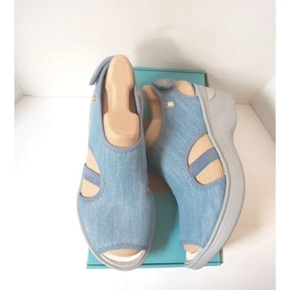 New! BZEES Dream Ankle Strap Wedge Sandals Shoes Blue Denim Machine Washable