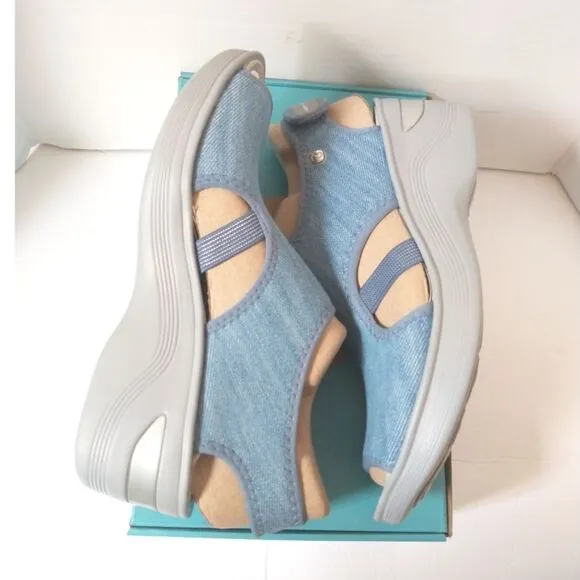 New! BZEES Dream Ankle Strap Wedge Sandals Shoes Blue Denim Machine Washable