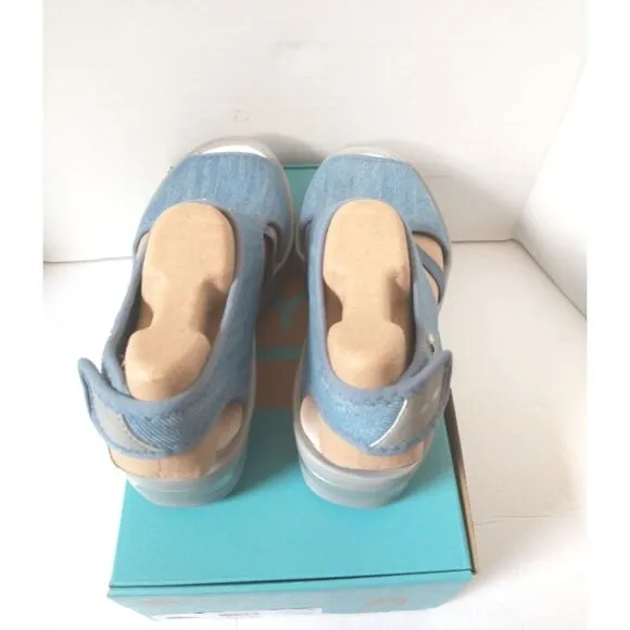 New! BZEES Dream Ankle Strap Wedge Sandals Shoes Blue Denim Machine Washable