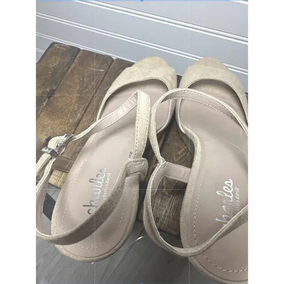 NEW Charles By Charles David Shoes Wedge Sandal Peep Toe Cork Platform Beige 9.5