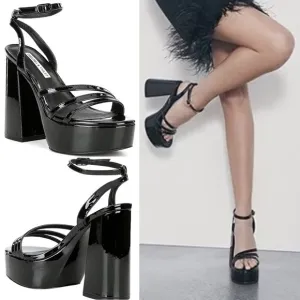 NEW Chelsea &amp; Violet Debbie Patent Ankle Strap Platform Dress Sandals in Black
