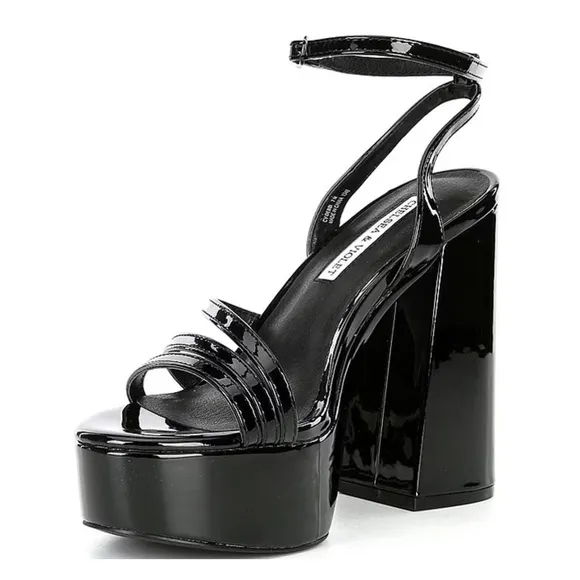 NEW Chelsea &amp; Violet Debbie Patent Ankle Strap Platform Dress Sandals in Black