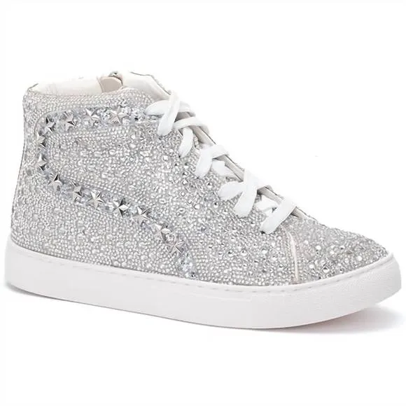 NEW CORKYS FOOTWEAR flashy high top sneaker in white with silver
