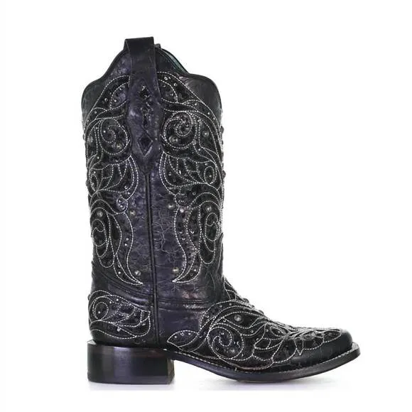 NEW CORRAL women's inlay square toe boots in black/bone