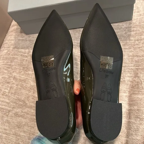 New! Dark Green Vegan Patent Leather with Silver Buckle Flats Size 37 It#P05
