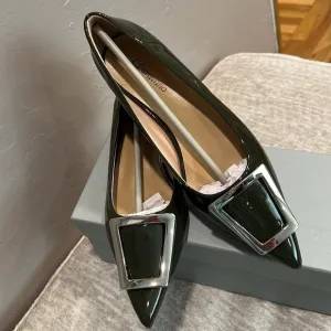 New! Dark Green Vegan Patent Leather with Silver Buckle Flats Size 37 It#P05