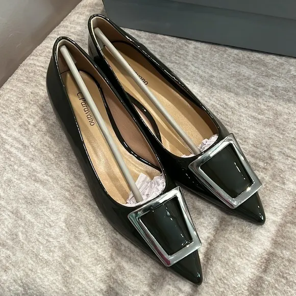 New! Dark Green Vegan Patent Leather with Silver Buckle Flats Size 37 It#P05