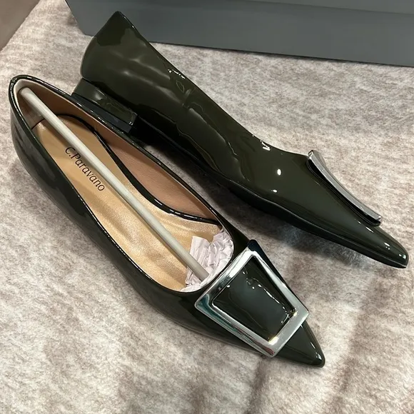 New! Dark Green Vegan Patent Leather with Silver Buckle Flats Size 37 It#P05