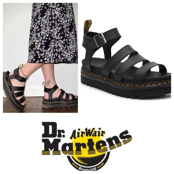 New Dr. Martens Blaire Hydro Leather Platform Sandal in Black RUN LARGE