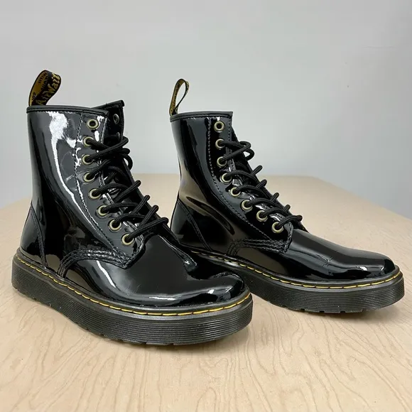 New Dr Martens Boots Girls 6 US 37 EU Zavala Combat Black Patent Leather Juniors