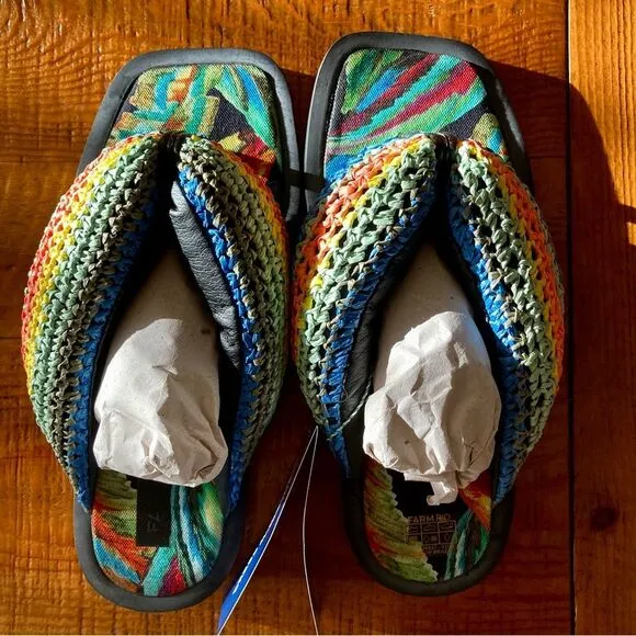 NEW FARM Rio Black Banana Puffy Fluffy Crochet Flip Flops Sandals Rainbow Size 9