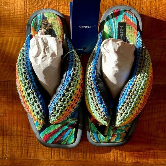 NEW FARM Rio Black Banana Puffy Fluffy Crochet Flip Flops Sandals Rainbow Size 9