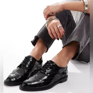 NEW Franco Sarto black Patent Vegan Leather Lace Up Loafers size 7