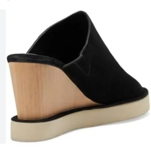 NEW Free People Running In Wedges Sandals Black Suede Wood Finish Wedge
