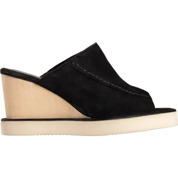 NEW Free People Running In Wedges Sandals Black Suede Wood Finish Wedge
