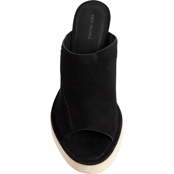 NEW Free People Running In Wedges Sandals Black Suede Wood Finish Wedge