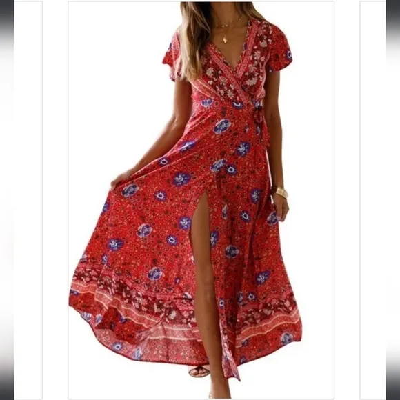 NEW Gypsy Floral Swing Boho Chic Rio True Wrap Maxi Dress Summer Chic Boutique