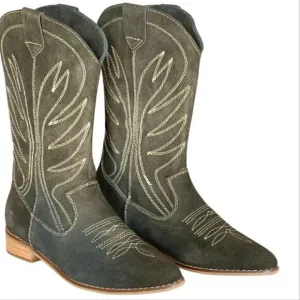 NEW! SILVIA COBOS Green Suede Leather Rodeo Western Cowboy Boots Mid-calf 8.