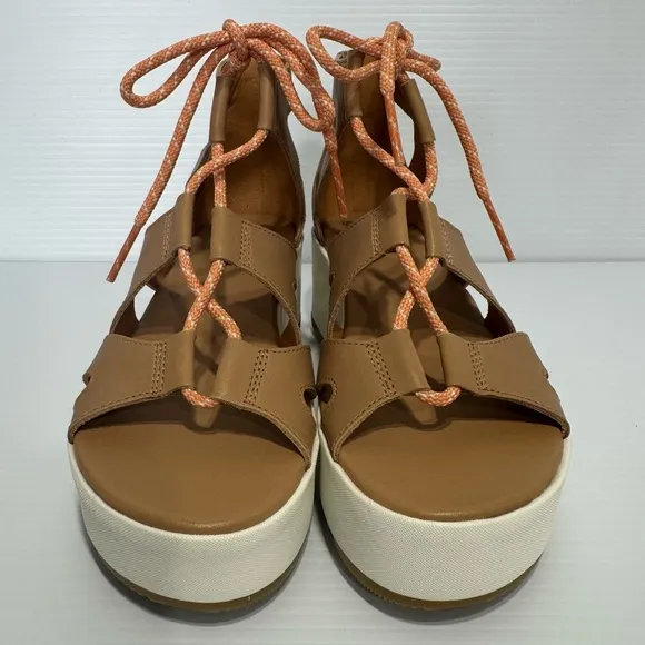 New Sorel Ghillie Tan Leather Lace Up Platform Sandals Size 7.5