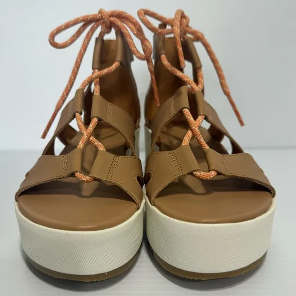 New Sorel Ghillie Tan Leather Lace Up Platform Sandals Size 7.5