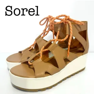 New Sorel Ghillie Tan Leather Lace Up Platform Sandals Size 7.5