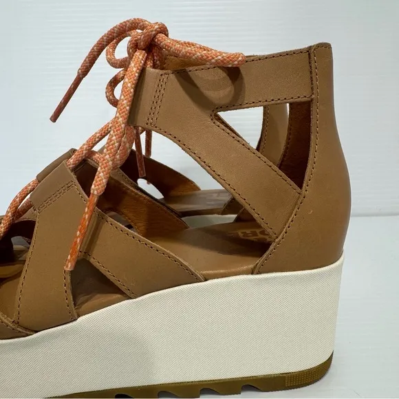 New Sorel Ghillie Tan Leather Lace Up Platform Sandals Size 7.5