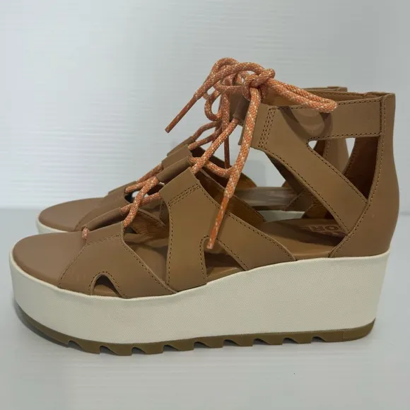 New Sorel Ghillie Tan Leather Lace Up Platform Sandals Size 7.5