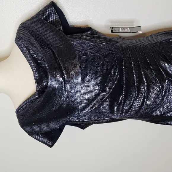 NEW Tahari ASL Navy Blue Metallic Sequin Ruch Cowl Neck Dress Elegant Castlecore
