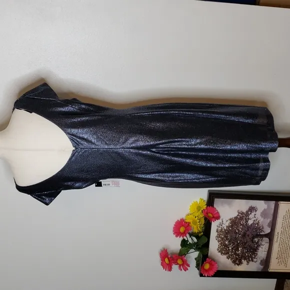 NEW Tahari ASL Navy Blue Metallic Sequin Ruch Cowl Neck Dress Elegant Castlecore