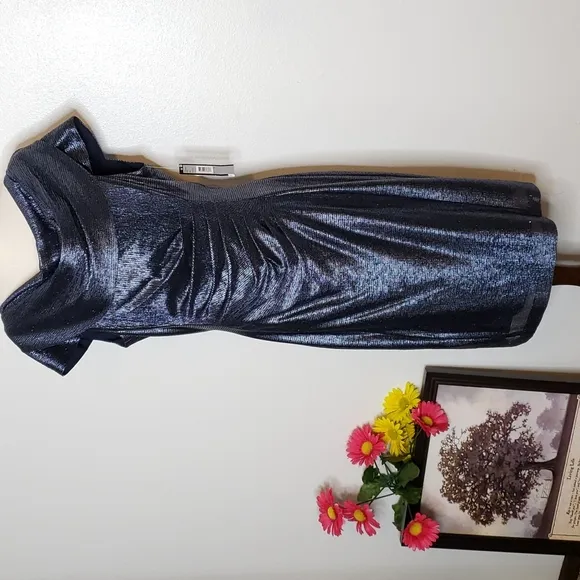 NEW Tahari ASL Navy Blue Metallic Sequin Ruch Cowl Neck Dress Elegant Castlecore