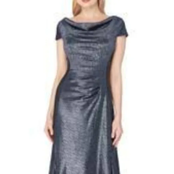 NEW Tahari ASL Navy Blue Metallic Sequin Ruch Cowl Neck Dress Elegant Castlecore