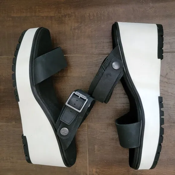 NEW Timberland Wedge Sandals Womens 10 Black White Slide Platform Casual Comfort