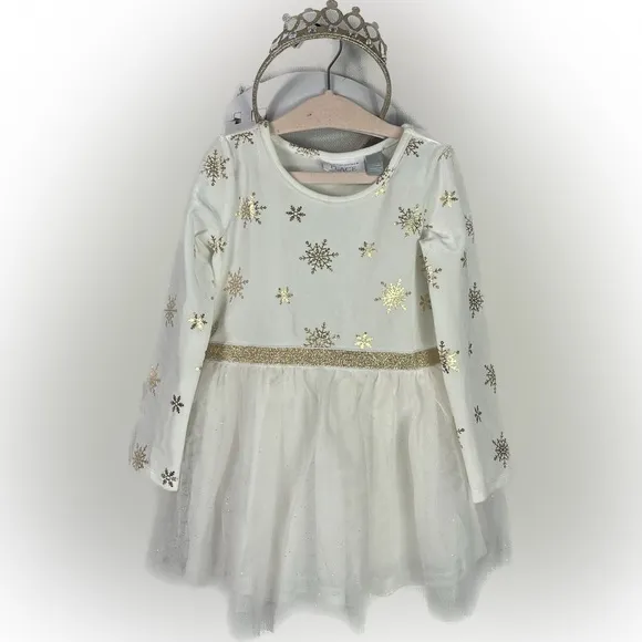 New Toddler Girl 2T Winter Outfit Gold Snowflake Knit Dress, Crown Tight Shoes7c