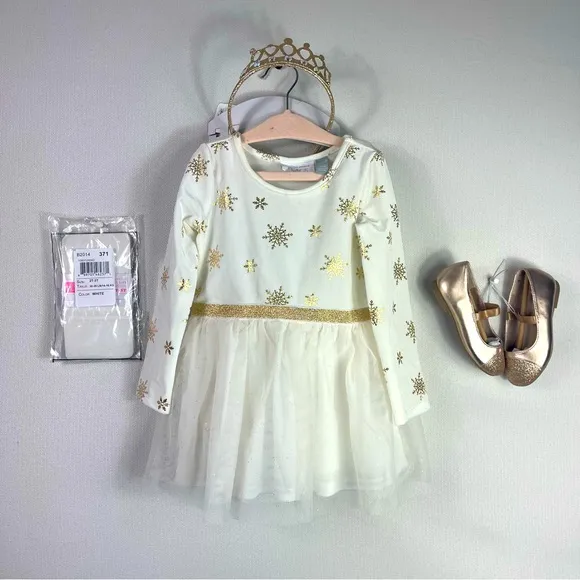 New Toddler Girl 2T Winter Outfit Gold Snowflake Knit Dress, Crown Tight Shoes7c