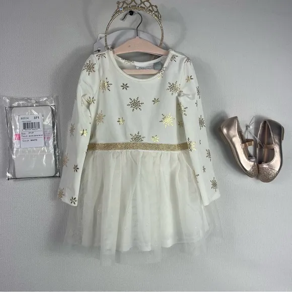 New Toddler Girl 2T Winter Outfit Gold Snowflake Knit Dress, Crown Tight Shoes7c
