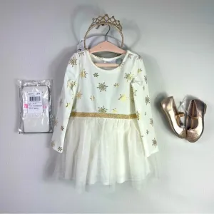 New Toddler Girl 2T Winter Outfit Gold Snowflake Knit Dress, Crown Tight Shoes7c