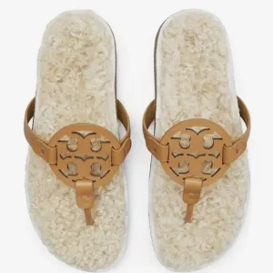 New Tory Burch MILLER CLOUD Cork Shearling Leather Sandals Caramel Size 5 ($268)