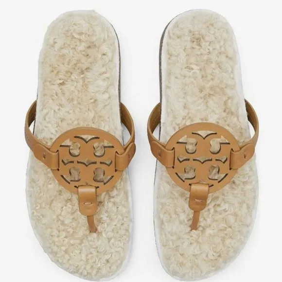 New Tory Burch MILLER CLOUD Cork Shearling Leather Sandals Caramel Size 5 ($268)