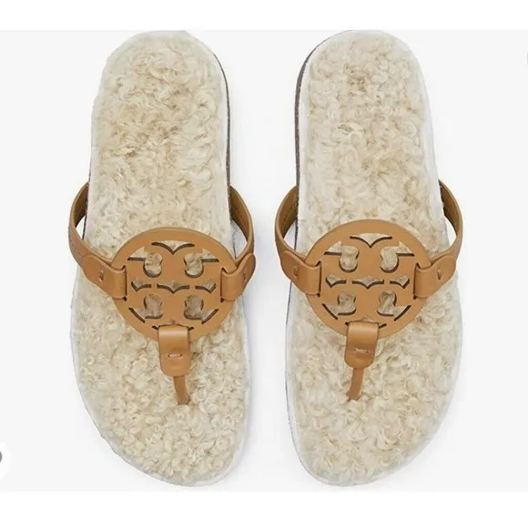 New Tory Burch MILLER CLOUD Cork Shearling Leather Sandals Caramel Size 5 ($268)