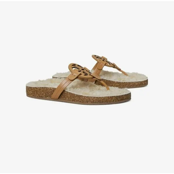 New Tory Burch MILLER CLOUD Cork Shearling Leather Sandals Caramel Size 5 ($268)