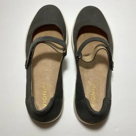 New Vionic Mary Jane Uptown LeatherBallet Flats Polluted Silver Shimmer Sz 10