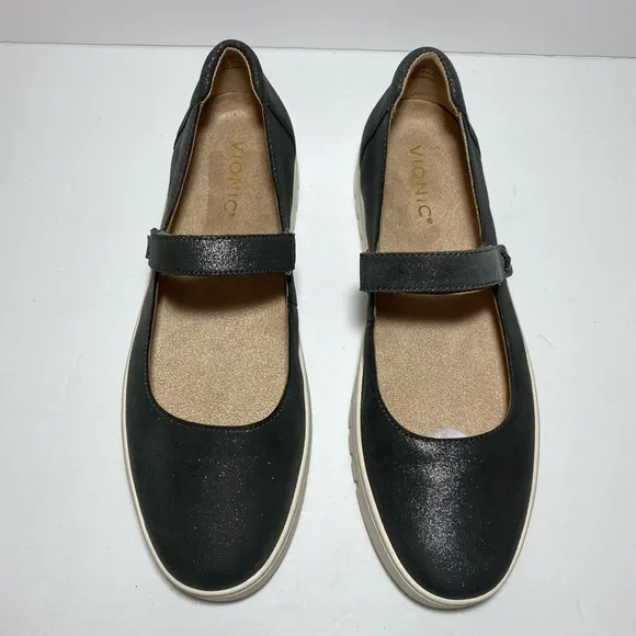 New Vionic Mary Jane Uptown LeatherBallet Flats Polluted Silver Shimmer Sz 10