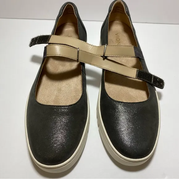 New Vionic Mary Jane Uptown LeatherBallet Flats Polluted Silver Shimmer Sz 10