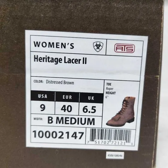 New women's 9 Ariat Heritage Lacer II lace up boots in Distressed Brown 10002147