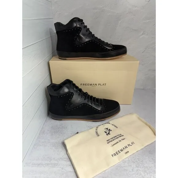 NIB Freeman Plat Mens Court Mid Black Leather &amp; Suede Hi-Top Sneakers Size 12