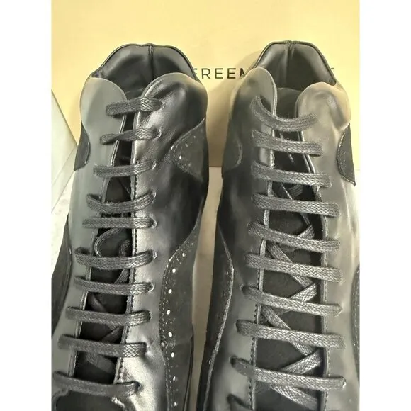 NIB Freeman Plat Mens Court Mid Black Leather &amp; Suede Hi-Top Sneakers Size 12