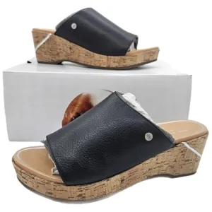 NIB Hush Puppies Maya Womens Black Leather Slip On Wedge Heel Sandals Size 8