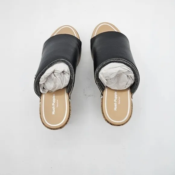 NIB Hush Puppies Maya Womens Black Leather Slip On Wedge Heel Sandals Size 8