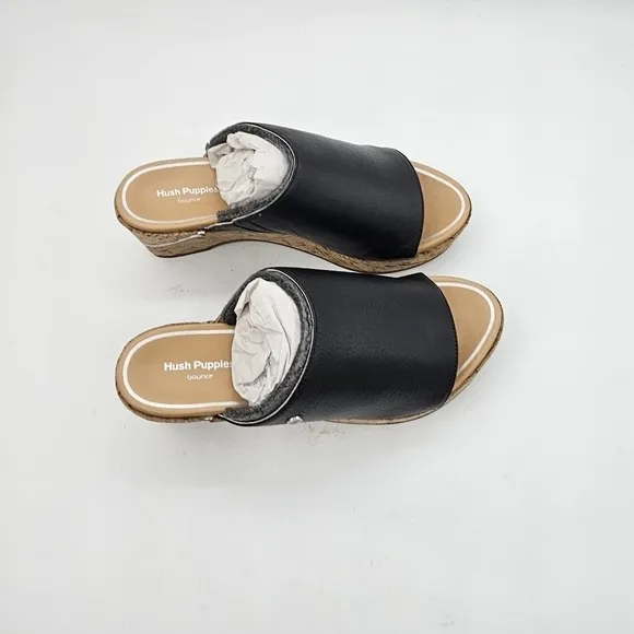 NIB Hush Puppies Maya Womens Black Leather Slip On Wedge Heel Sandals Size 8