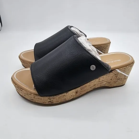 NIB Hush Puppies Maya Womens Black Leather Slip On Wedge Heel Sandals Size 8